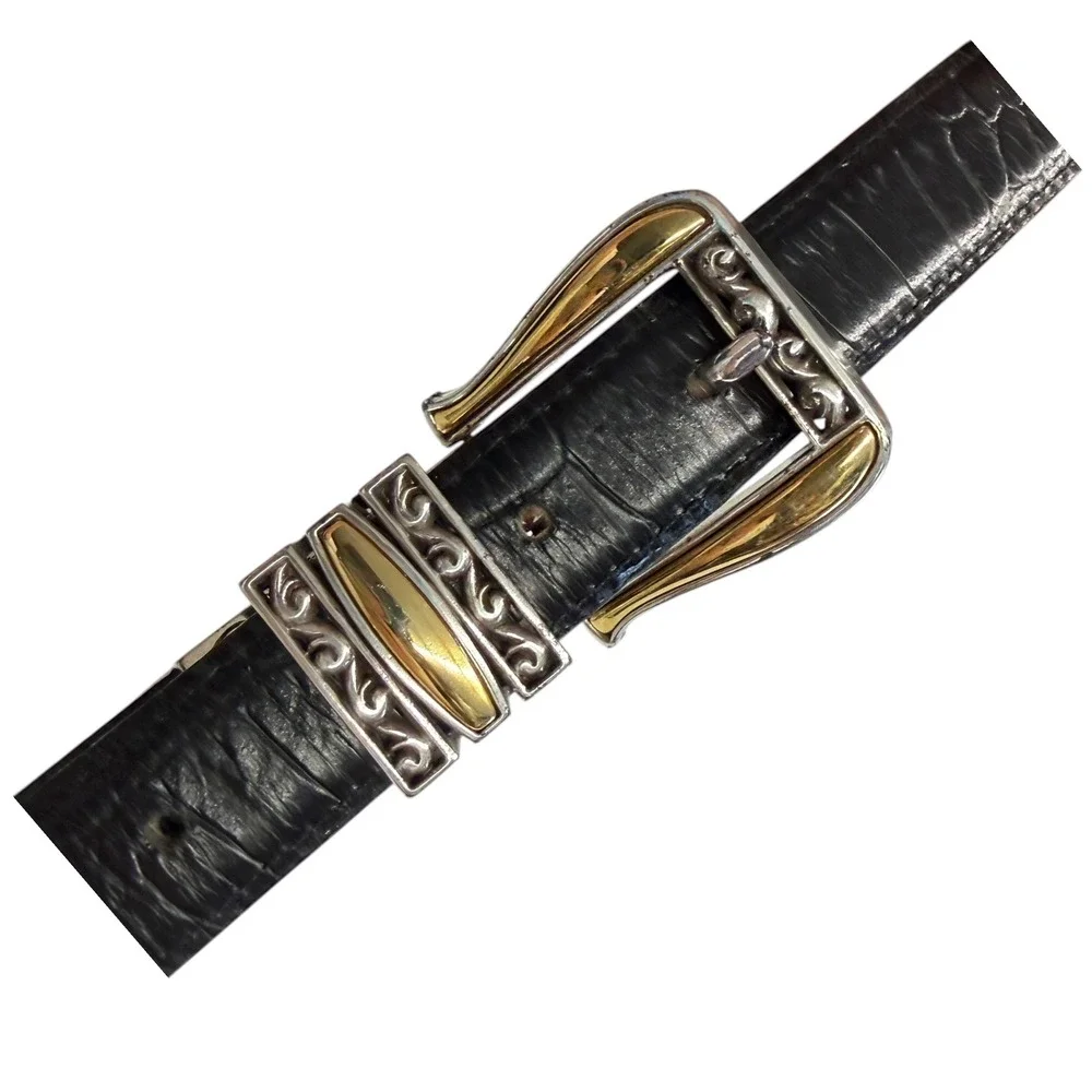 Brighton Womens Reversible Black Tan Belt Embossed Leather Silver Gold Buckle XL